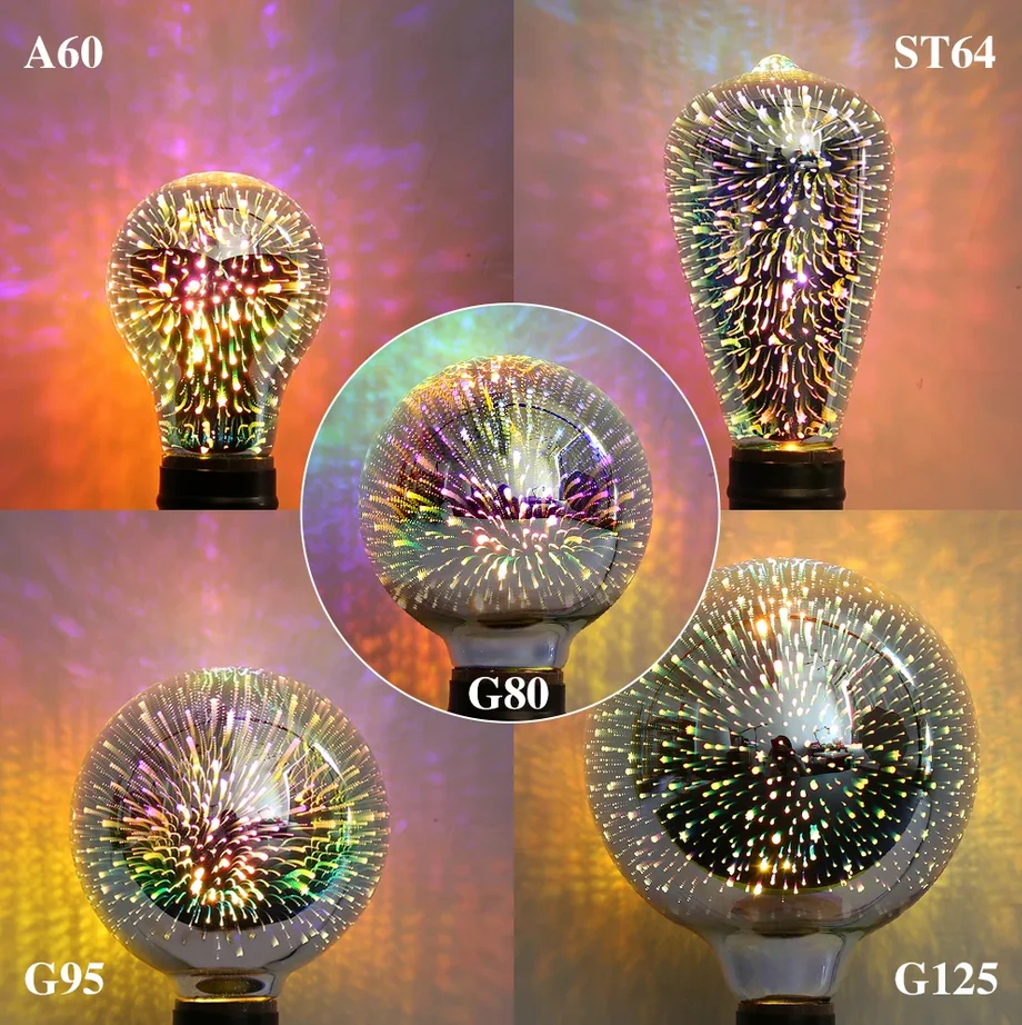Lampu LED 3D bohlam E27 220V ST64 G80 G95 G125 A60, lampu LED dekorasi Hati berlian, lampu liburan baru Natal