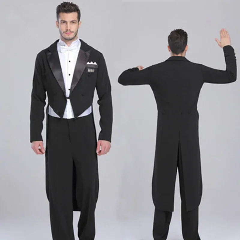 Eleganckie czarne garnitury męskie 2-częściowe Fashion Satin Peak Lapel Standard Dance Tailcoat Party Prom Męskie garnitury Slim (kurtka + spodnie)