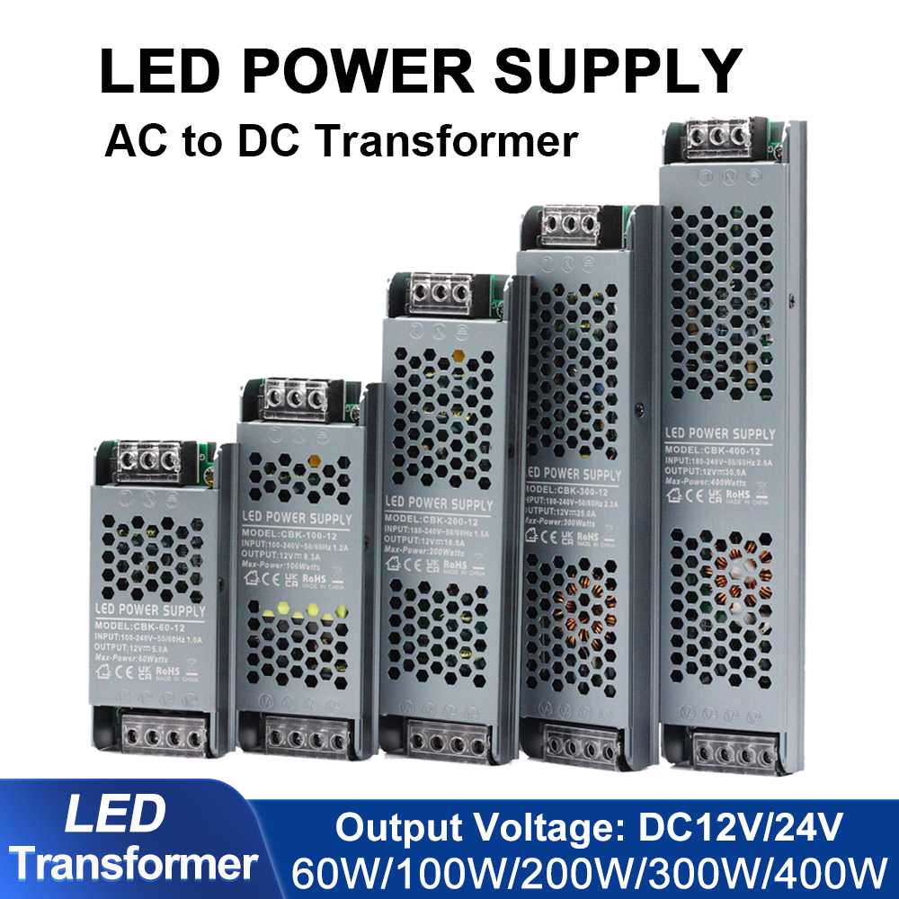 Ultra-thin แหล่งจ่ายไฟ LED เงียบ DC 12V 24V หม้อแปลงไฟฟ้า 60 W-400 W AC 100-265V คุณภาพ ultra บาง LED Transformers