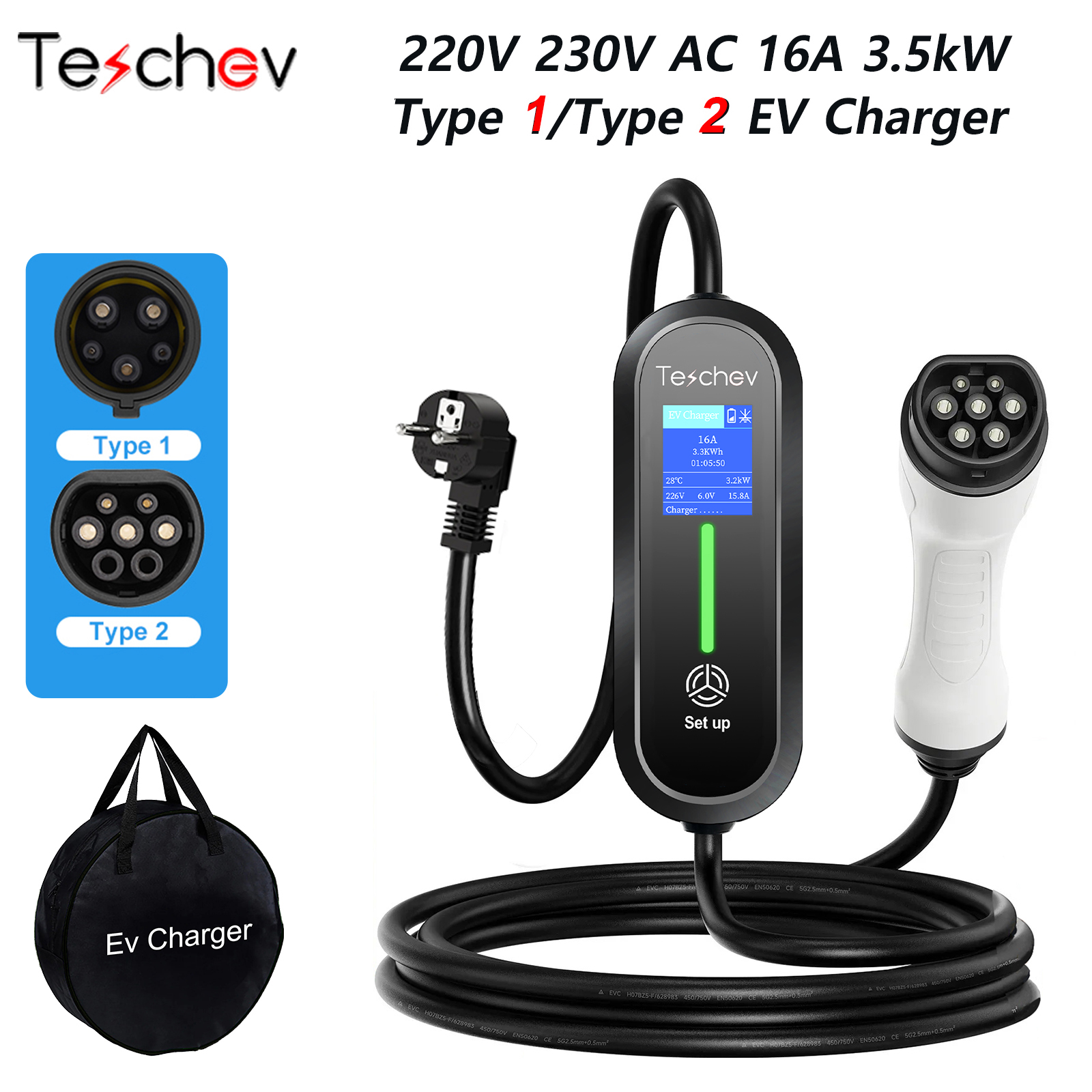 Teschev 220V 230V EV cargador Type2 16A 3.5kW Cable de carga de coche eléctrico Type1 Wallbox modo 2 EVSE para vehículo eléctrico