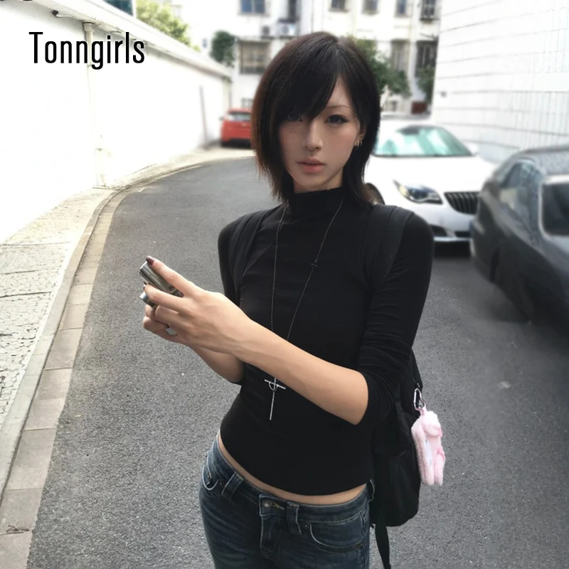 Tonngirls Y2k Japanese T-shirt Women Long Sleeve Black Half Turtleneck Tee Tops Vintage Classic Style Slim Basic Tops Streetwear