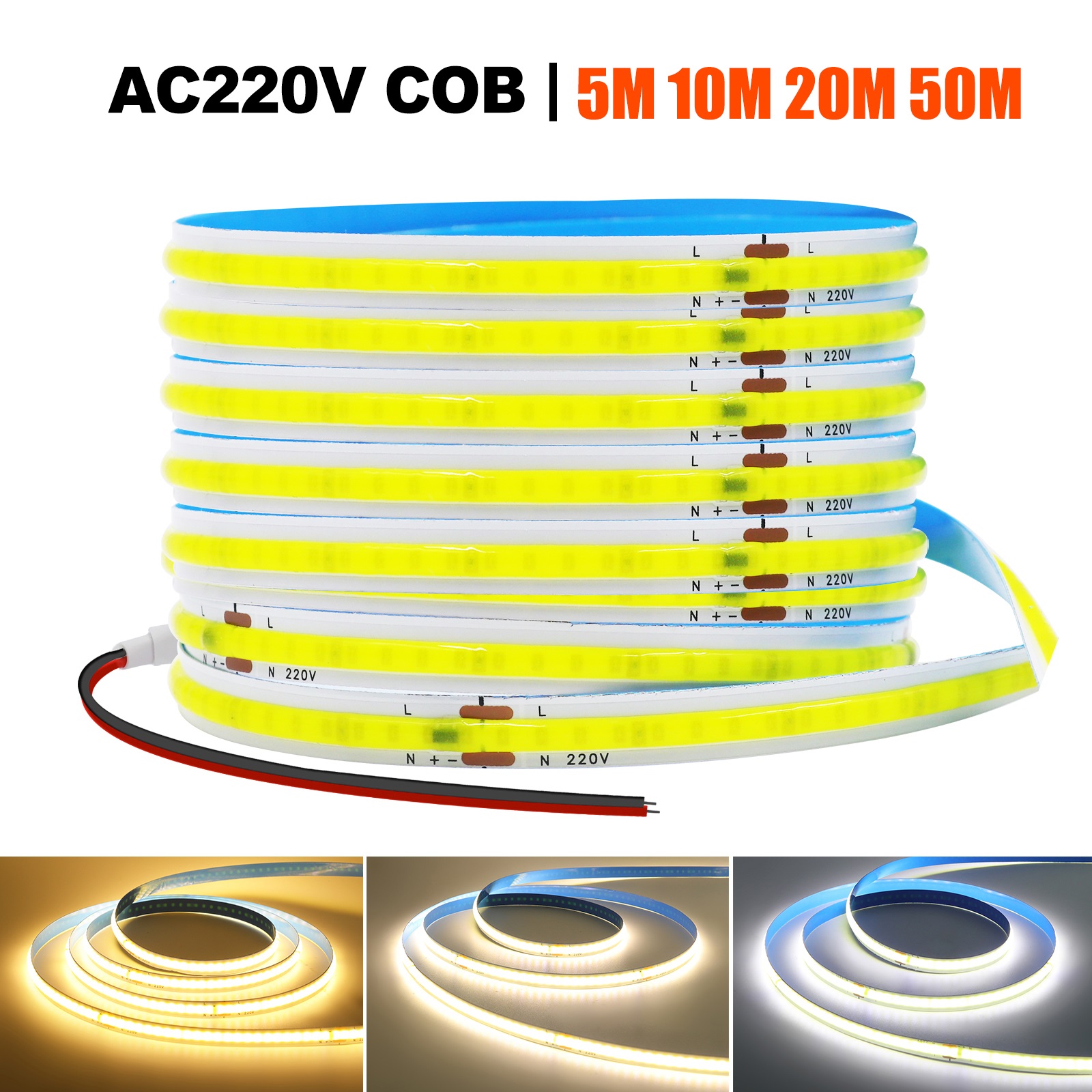 AC 220V COB LED Strip Light 5M 10M 20M 50M Fita LED COB flexível com fita adesiva 240LEDs Fita de iluminação linear de alta densidade