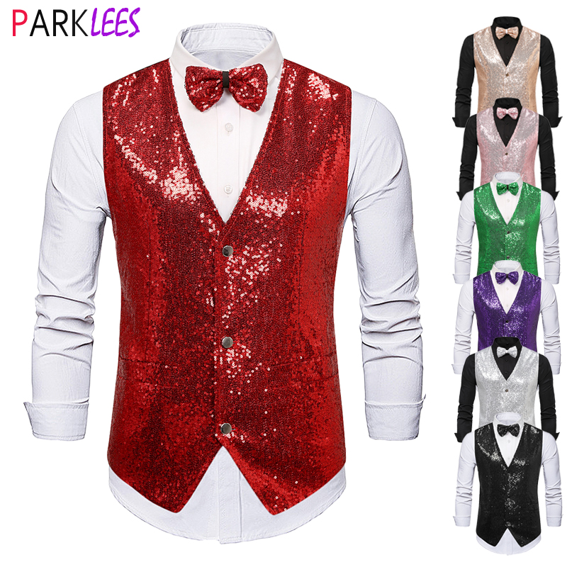 Chalecos de vestir brillantes con lentejuelas rojas para hombre, 2 uds., chaleco con purpurina y pajarita, traje para fiesta de boda y discoteca, Chalecos 2XL