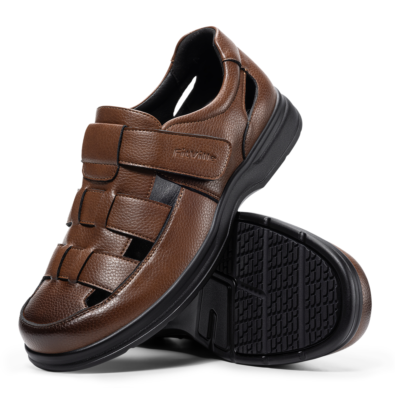 Sandali FitVille da uomo a punta chiusa, in pelle, per diabetici, con punta larga, sandali ortopedici eleganti con strappi in velcro e ammortizzazione