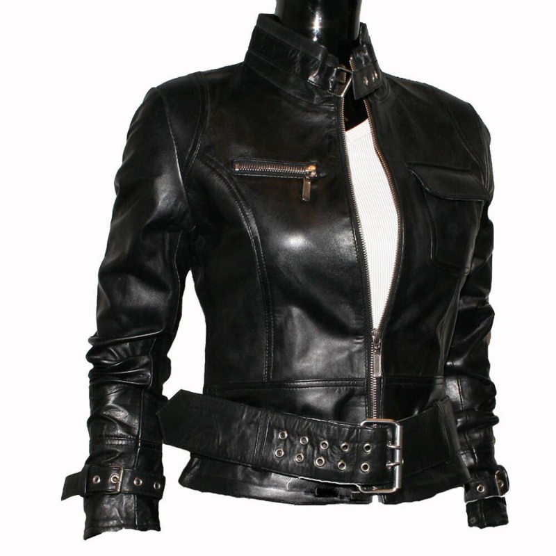 Chaqueta de cuero para mujer, abrigo de motociclista de piel de cordero Real, color negro