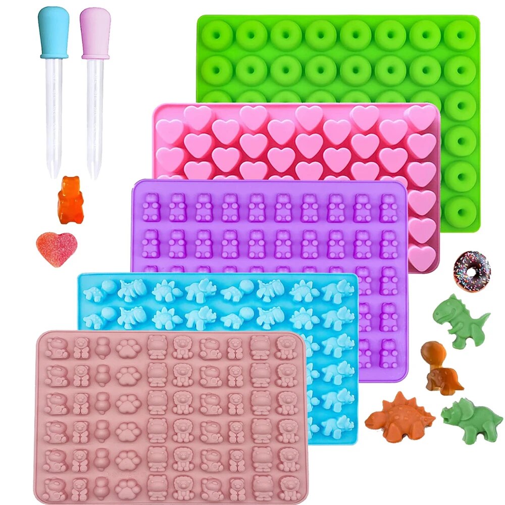 Moules ours gommeux en Silicone, Mini moule à bonbons au chocolat pour enfant avec 2 compte-gouttes comprenant des cœurs d'ours dinosaure en forme de beignet