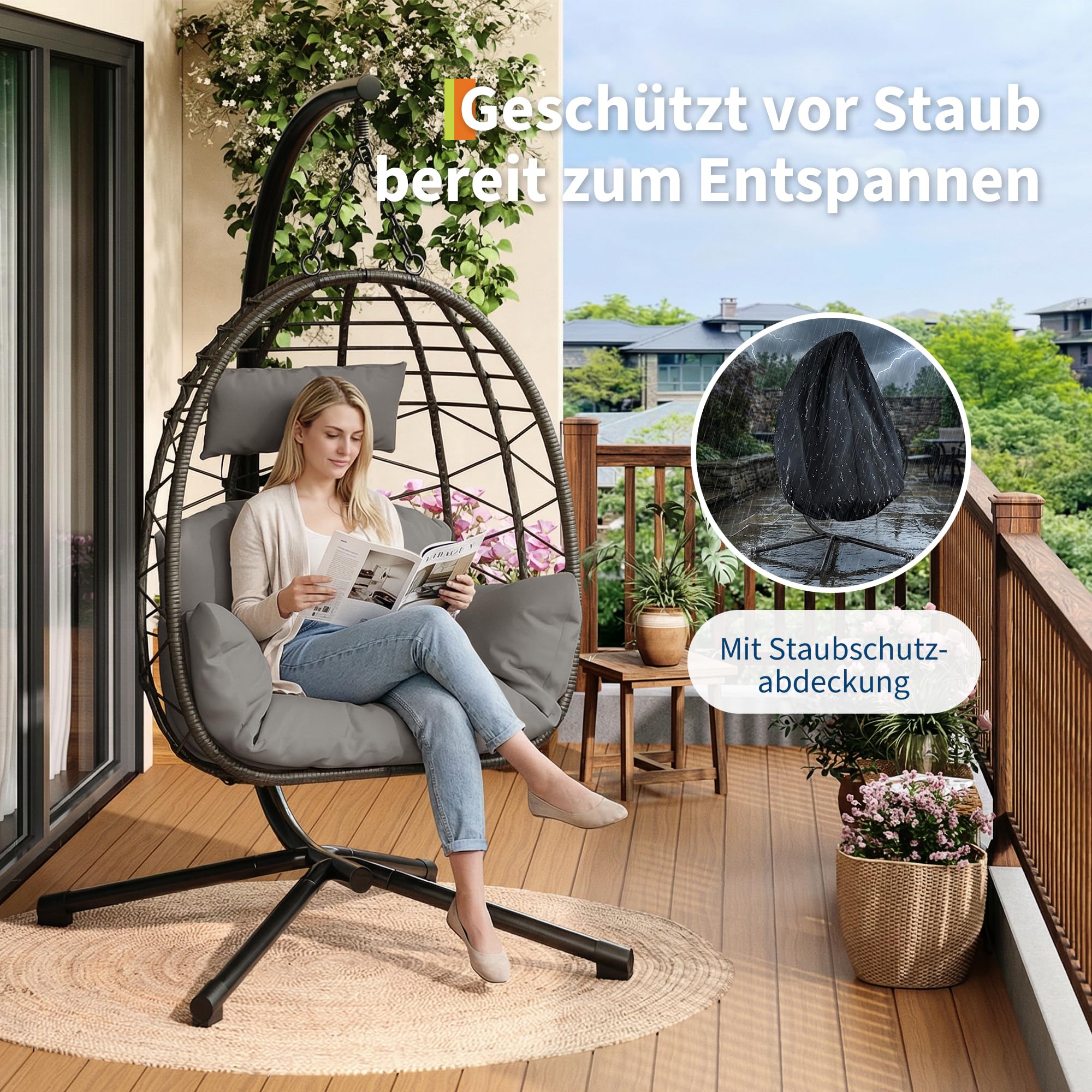 Hangende eierstoel, verstelbare hoogte, metalen frame, binnen/buiten hangstoel met kussen/hoofdsteun/voor tuin, terras, balkon