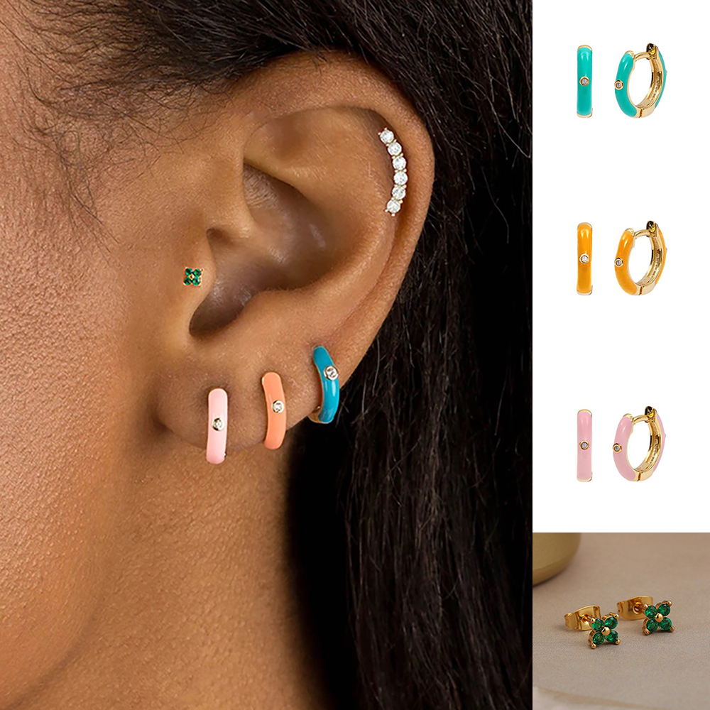 Anting-Anting Hoop Enamel Multiwarna Baja Tahan Karat Baru Perhiasan Tindik Tragus Helix Tulang Rawan Huggie Kecil Zirkonia Kristal Imut