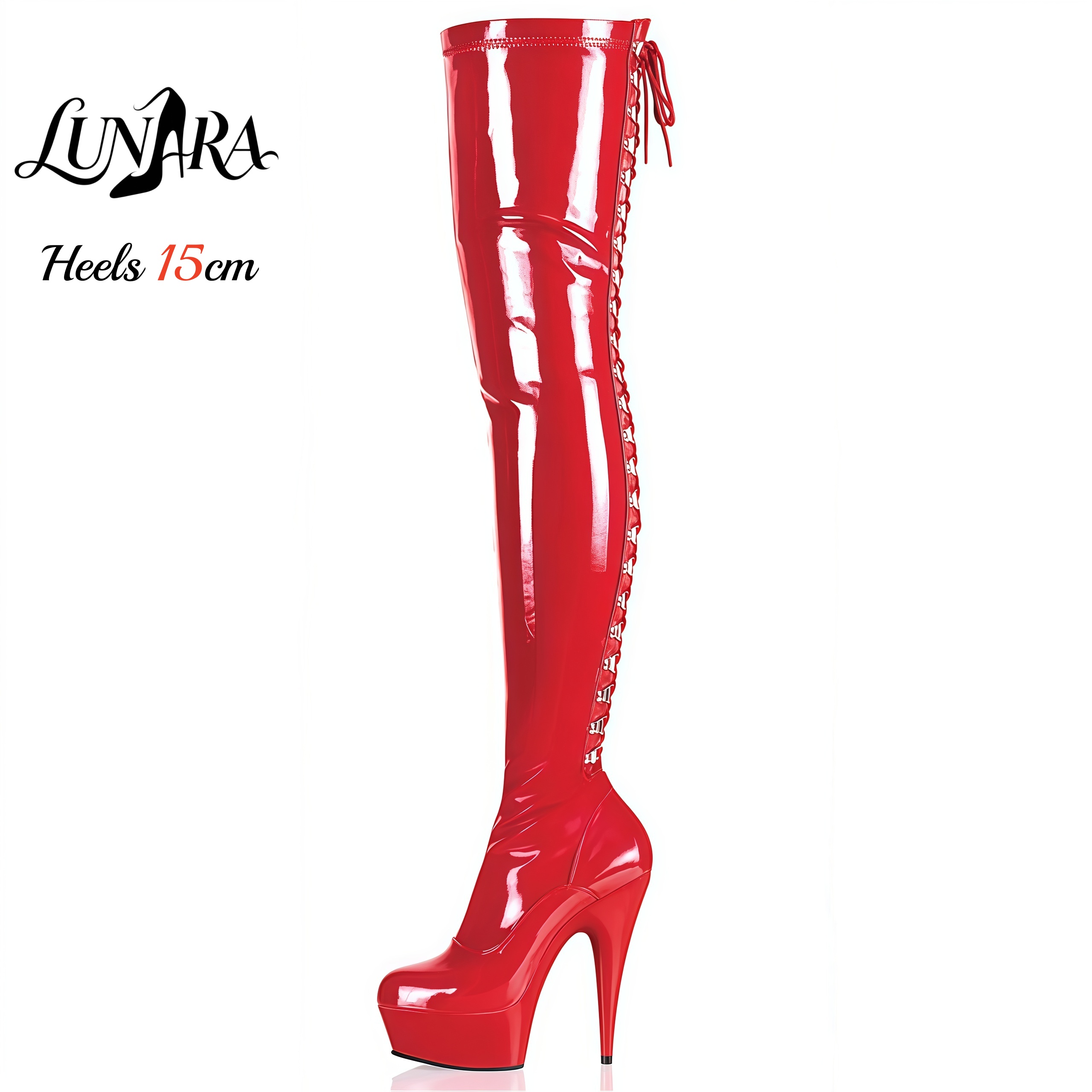 Czerwone lakierowane kozaki za udo na wysokim obcasie 15 cm/6 cali, sznurowane z boku, z zamkiem błyskawicznym, w stylu edgy gothic, do występów, pole dance, rave, na scenę, fetish.