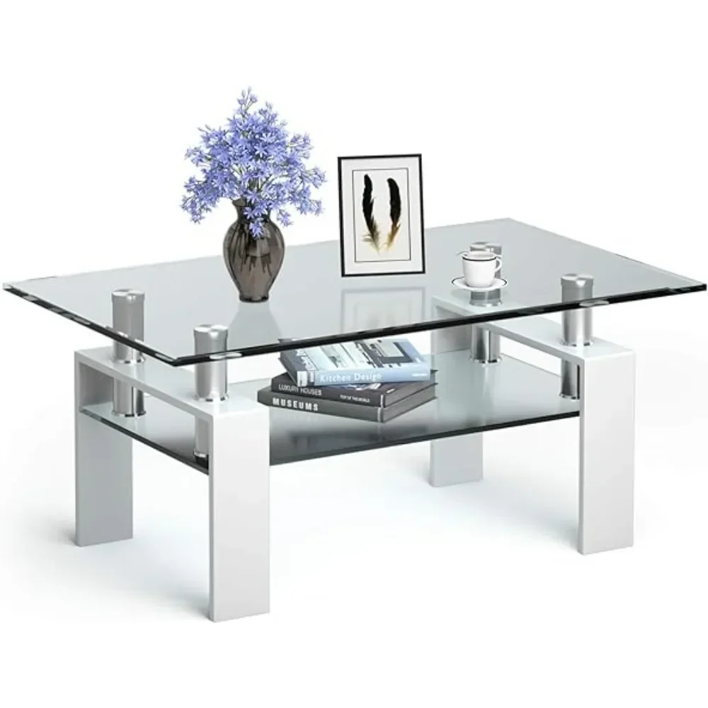 Rechteckiger Couchtisch aus Glas, moderner Beistelltisch mit unterer Ablage, Tischplatte aus gehärtetem Glas und Metallbeinen