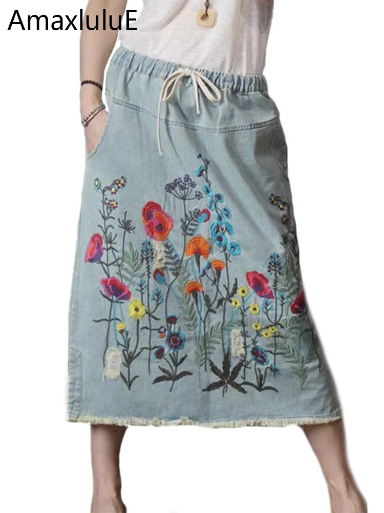 Amax luluE 2024 Design Coreano Abiti Estivi Delle Donne di Lusso Dell'annata Allentato Denim Gonne Delle Signore Casual Ricamo Floreale Streetwear