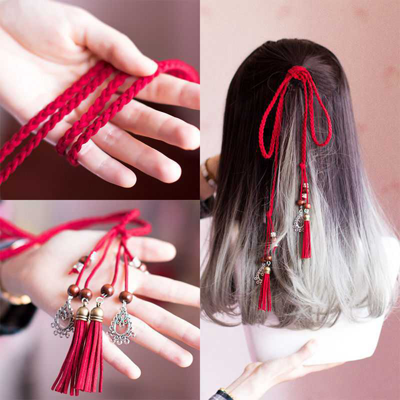 2021 Baru Gaya Cina Wanita Rumbai Ikat Rambut Retro Hanfu Tali Rambut Merah Dikepang Busur Gadis Ikat Kepala Aksesoris Rambut Hiasan Kepala