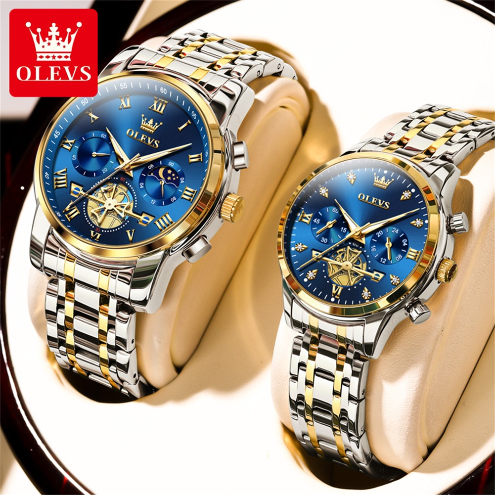 OLEVS, relojes de pareja de marca de lujo, reloj de cuarzo de acero inoxidable luminoso resistente al agua, conjunto para amantes de la moda con fase lunar para él y para ella