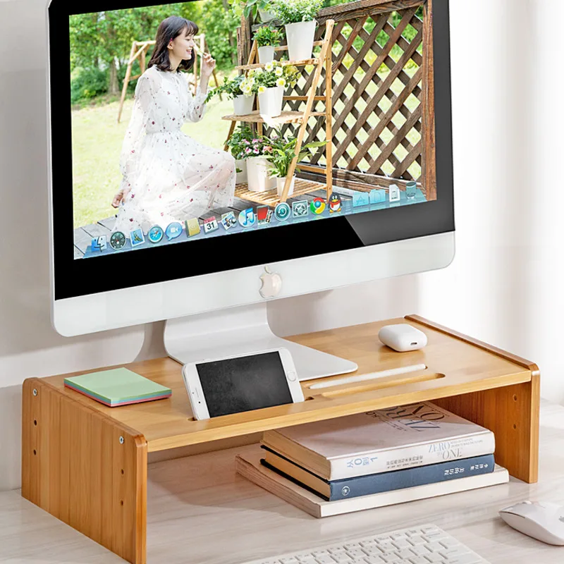 Suporte ajustável do monitor do computador do escritório, riser do monitor de bambu, prateleira do armazenamento do desktop, suporte do pescoço para o espaço de trabalho ergonômico
