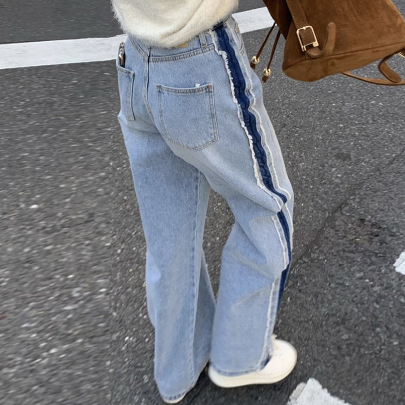 ハイウエストワイドレッグジーンズ女性のルーズフィットカラーブロックほつれ裾ロングパンツ春のファッションシックなヴィンテージ多用途ジーンズ