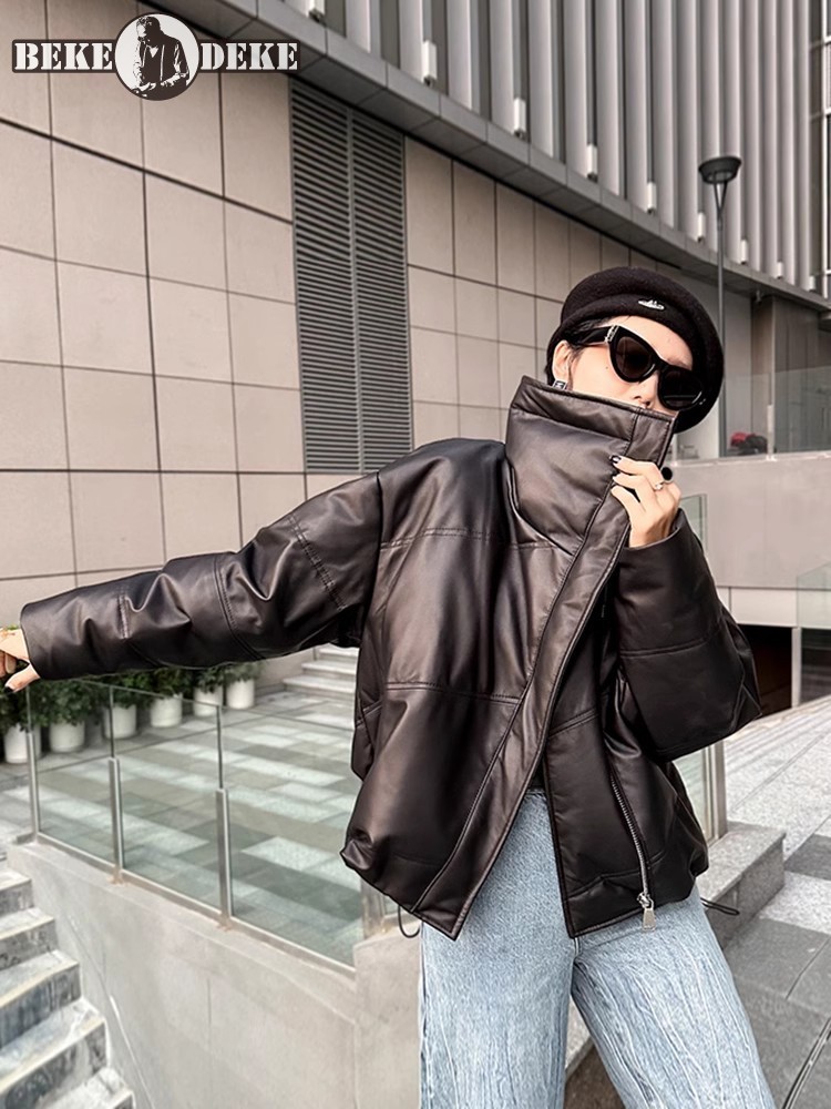 Abrigo de invierno de piel auténtica para mujer, Chaqueta corta de piel de oveja informal cálida a la moda con cuello vuelto grande y cremallera holgada
