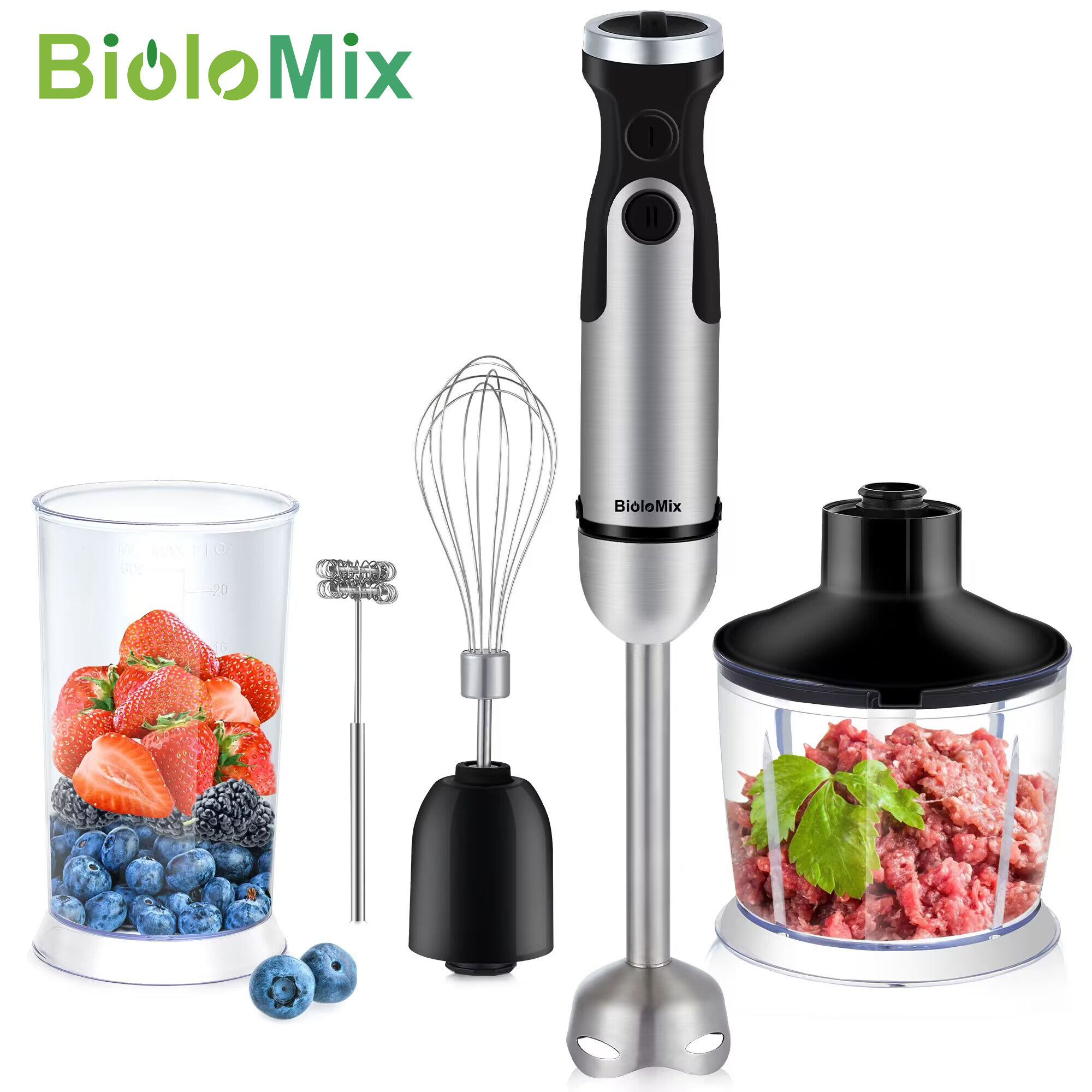 BioloMix-batidora de mano de inmersión 5 en 1, 1200W, 800ml, picadora de carne y verduras, taza para batidos de 600ml