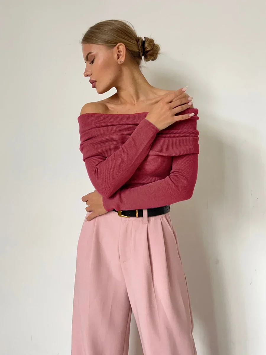 Wolfeel женская вязаная шерстяная футболка Slim Fit с длинным рукавом осень-зима шикарный базовый свитер с открытыми плечами уличная одежда пуловеры