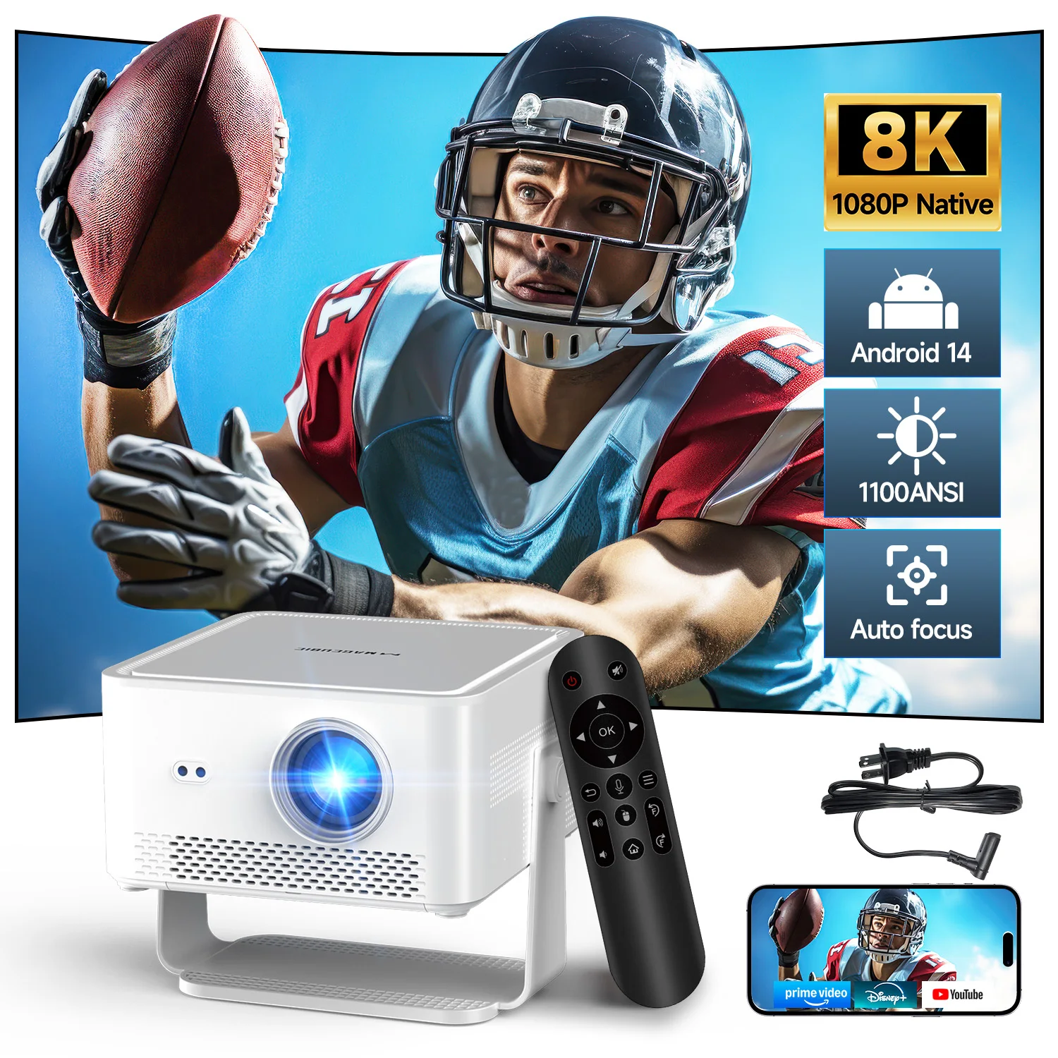 Proyector Portátil para Exteriores Magcubic HY450MAX, 1100 ANSI, 1080P, Enfoque Automático, Compatible con 8K, Android 14, WiFi6, Mini Proyector Beam