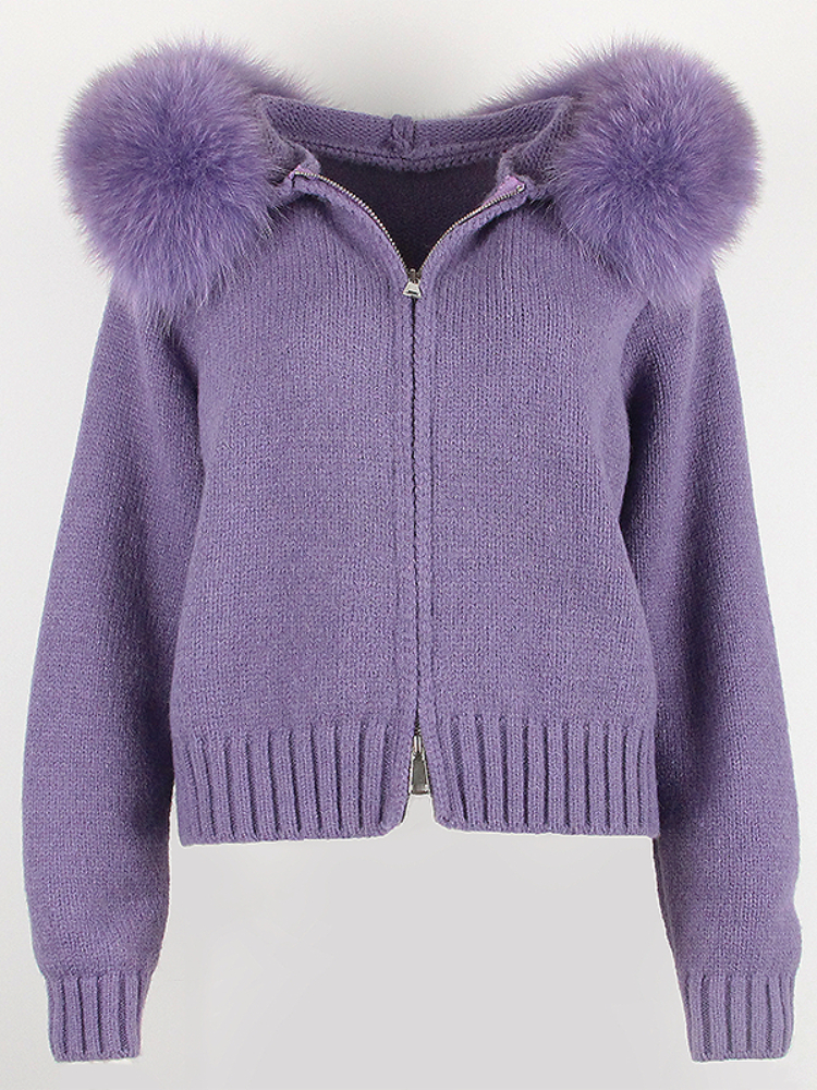 Oftbuy 2023 nova moda outono inverno casual com capuz gola de pele de raposa real jaqueta curta de malha com casaco quente natural para mulher