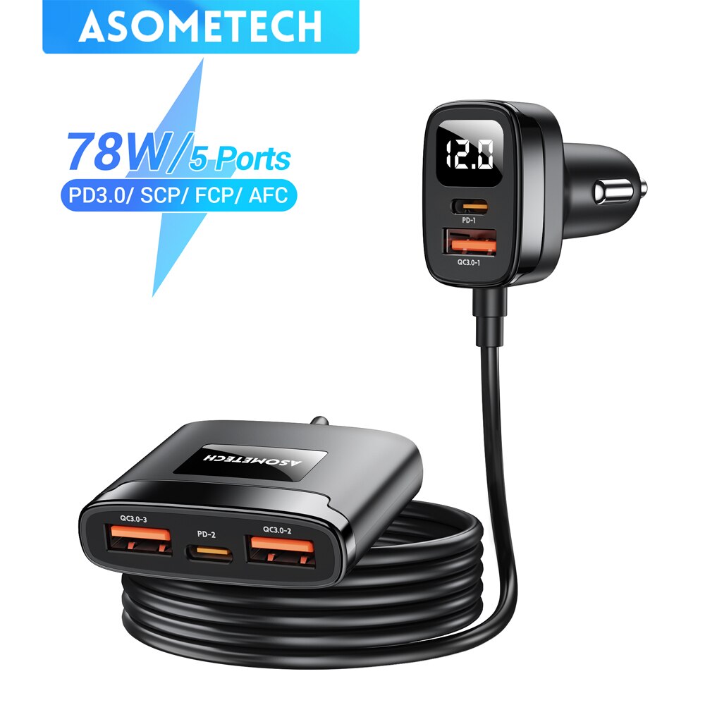 ASOMETECH 78W USB Car Charger 5 พอร์ต QC3.0 PD3.0 SCP USB Type C Quick Charger สําหรับ iPhone Samsung แท็บเล็ต Xiaomi รถ USB Charger