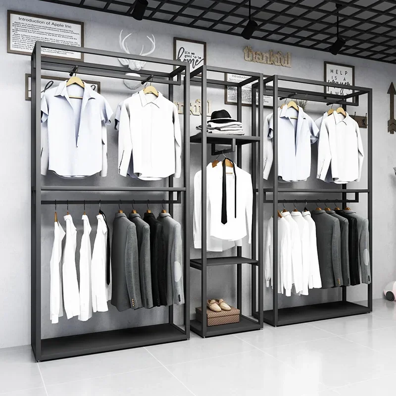 Rak Display Toko Pakaian Pria, Rak Display Berdiri Dua Lapis Warna Hitam untuk Toko Pakaian Pria