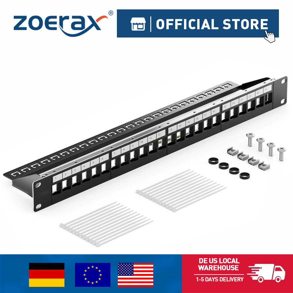 ZoeRax 24Port RJ45 Shielded Patch Panel Network Patch Panel 19 Inch, Panel Patch Ethernet dengan Manajemen Kabel dan Batang Penyangga