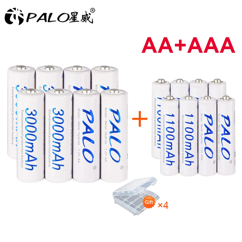 Palo แบตเตอรี่แบบชาร์จไฟได้1.2V 3000mAh + 1.2V 1100mAh แบตเตอรี่ AAA NiMH AA แบตเตอรี่ NiPH สำหรับกล้องของเล่น + เคสแบตเตอรี่