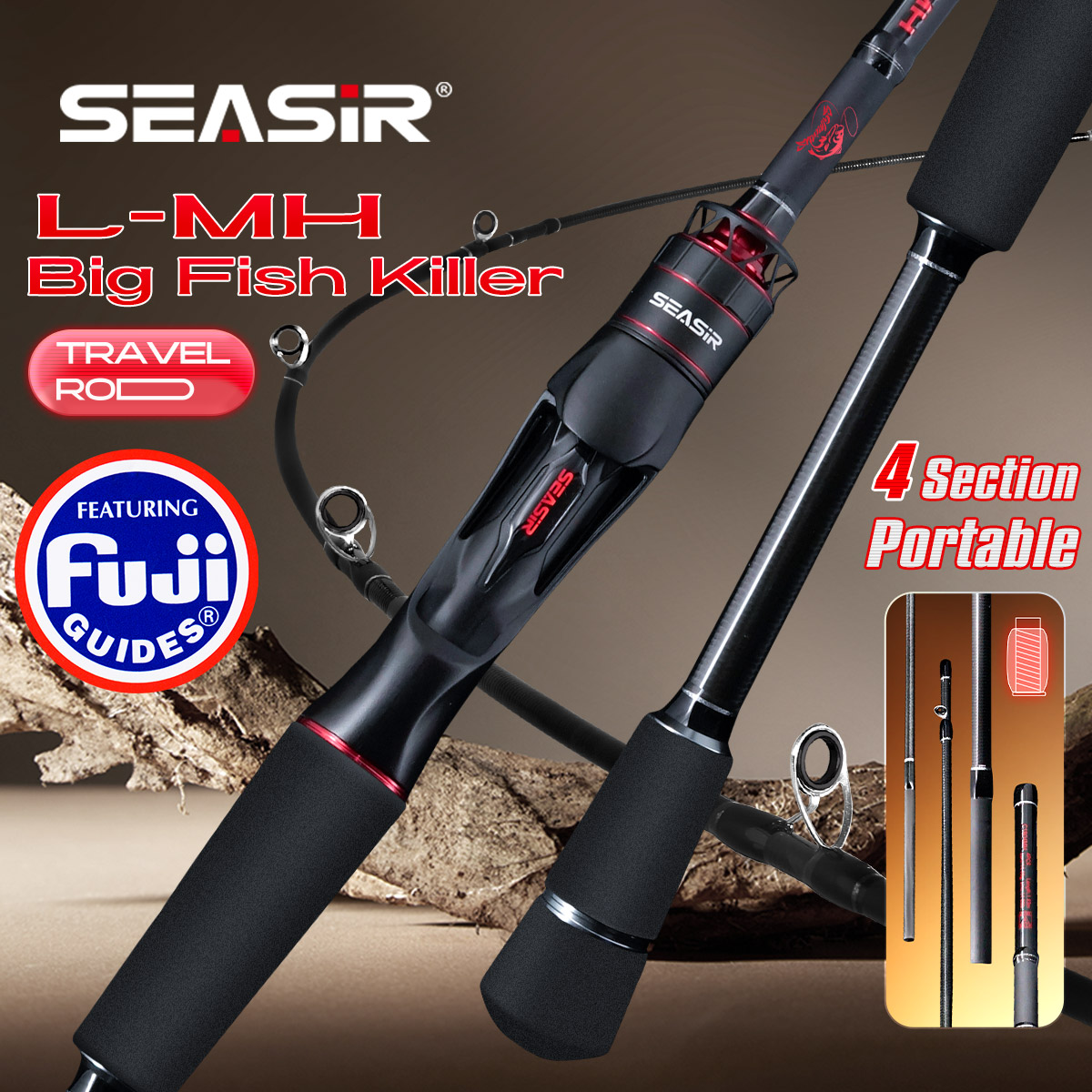 Seasir Salminus XF M/MH Wędka Spinningowa i Castingowa z Przelotkami FUJI O, 1.83M, Siła Ciągnięcia 7-9KG, 4-częściowa, Wytrzymała, Uniwersalna Wędka Podróżna