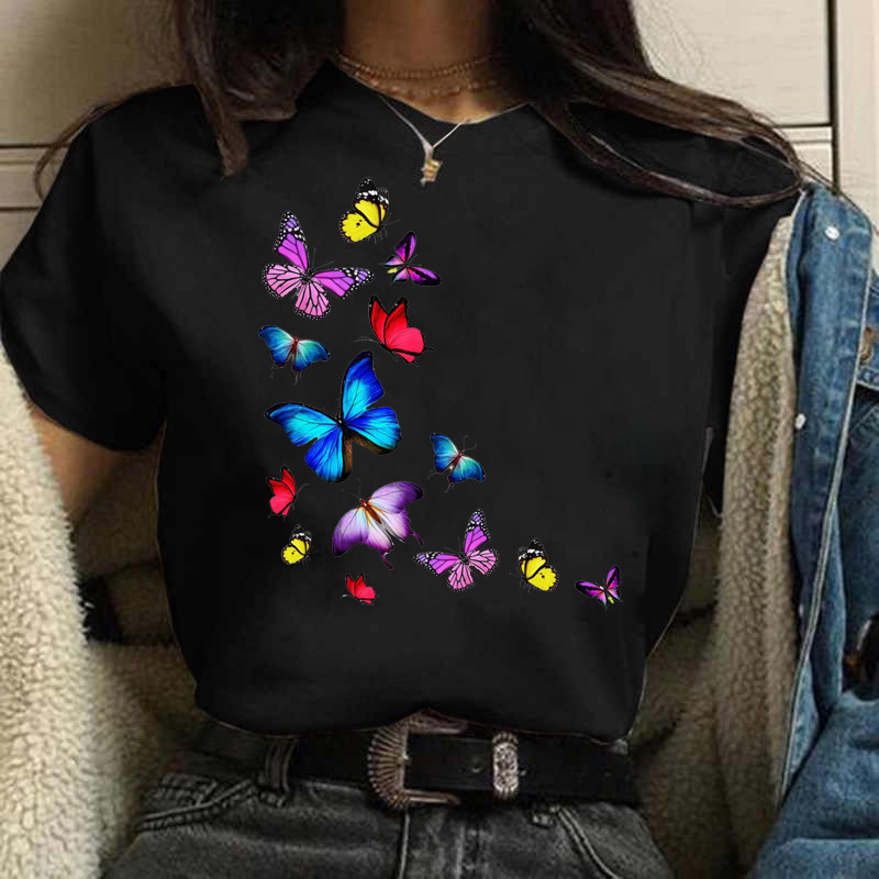 Cotone 100% Estate Burst Cute Cartoon Farfalla Tendenza Lettera Stampa Top T-shirt Donna Top T-shirt oversize Abiti estetici