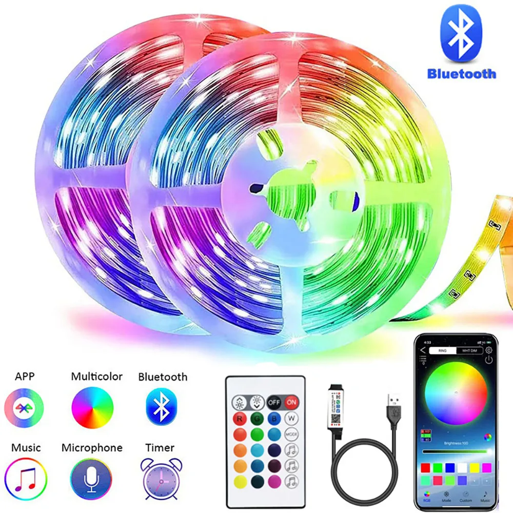 Barra de luz led colorida rgb 5050, controle de aplicação bluetooth, efeito de perseguindo, luz flexível com diodo e luz de fundo de tv, decoração de sala
