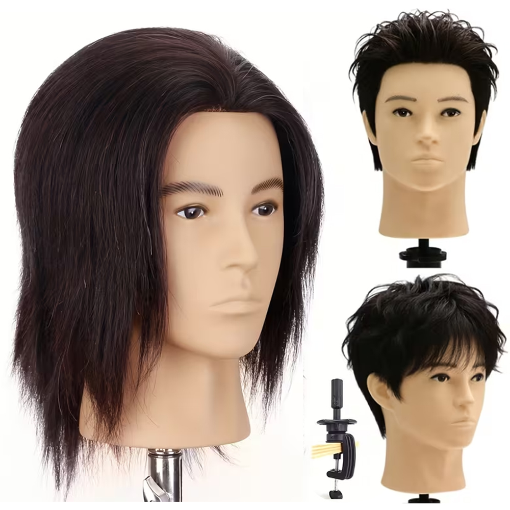 Kepala Manekin Pria 10 inci Dengan Rambut Manusia Asli 100% untuk Penata Rambut, Praktik Penataan dan Latihan, Penata Rambut, Ahli Kosmetologi, Toko Pangkas Rambut