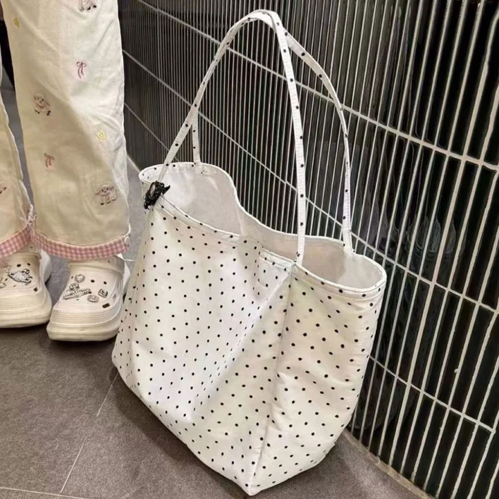 Tas Kanvas Polkadot Baru Berkapasitas Besar, Tas Jinjing Pelajar Gaya Korea untuk Anak Perempuan, Tas Bahu Serbaguna untuk Perjalanan