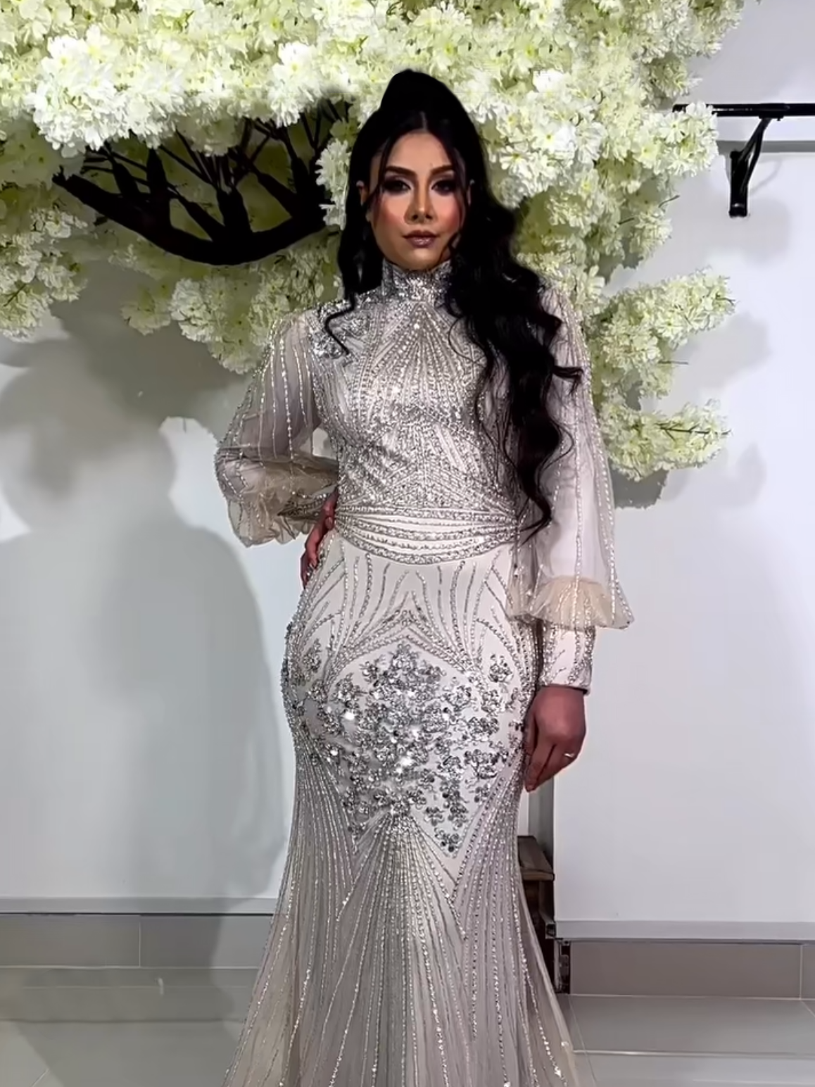 Vestidos de noite frisados para mulheres, Vestidos sereia prateados, mangas cheias, vestidos de festa elegantes, venda quente, LA71036, 2024