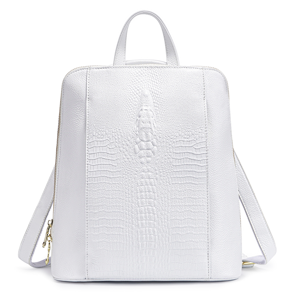 Mochila Zency 100% de cuero genuino blanco puro para mujer, mochila con patrón de cocodrilo para mujer, compatible con cargador A4 para ordenador portátil