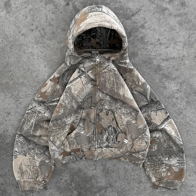 Y2K bluza z kapturem zapinana na zamek Harajuku wzór kamuflażu hiphopowy sweter gotycka obszerna bluza z kapturem mężczyźni kobiety bluza modny top na co dzień