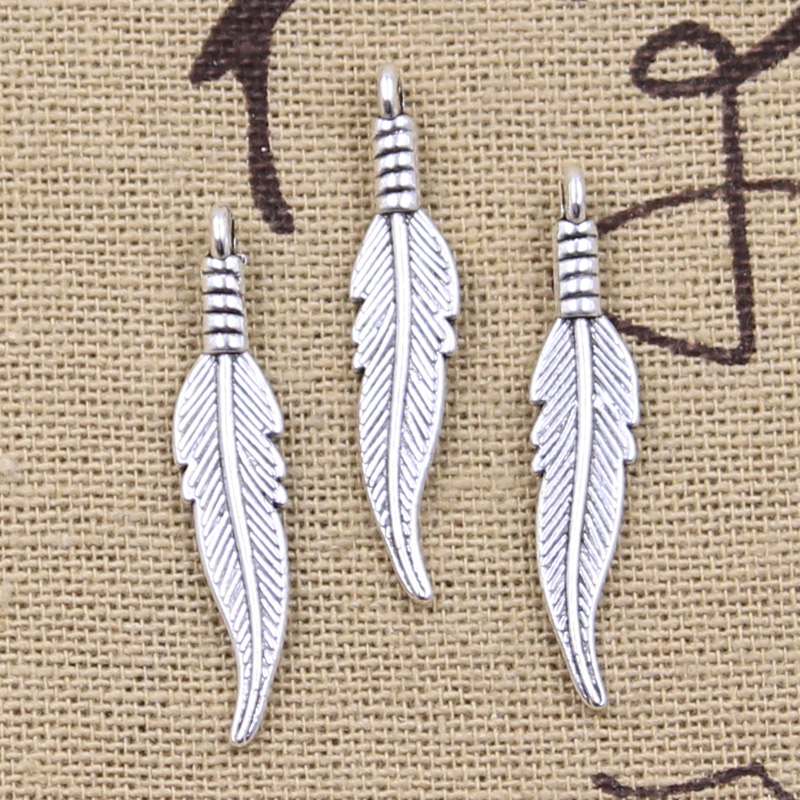 20 Buah Hiasan Double Sided Bulu 31X6Mm Perunggu Antik Warna Perak Liontin Membuat DIY Handmade Tibet Menemukan perhiasan