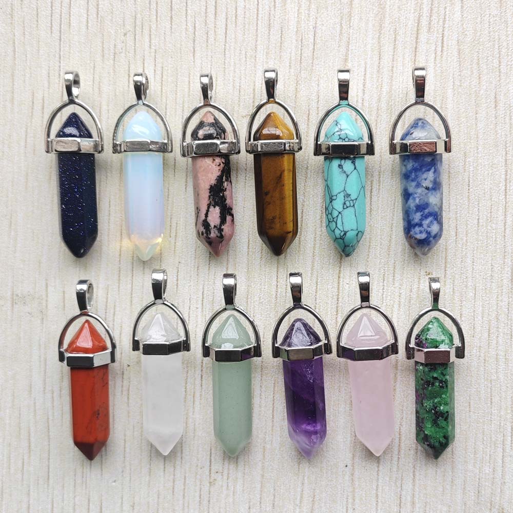 Pengiriman cepat liontin pilar heksagonal kristal lapis quartz batu alam untuk aksesori perhiasan 12 buah grosir