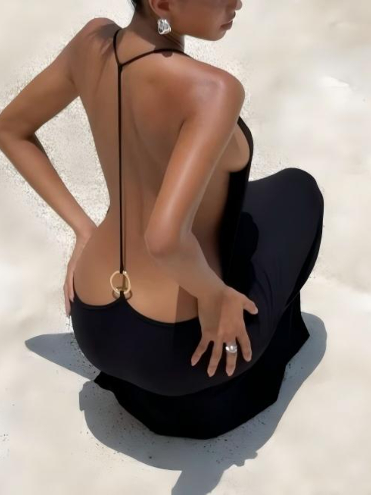 Gaun Halter Seksi Transparan Tanpa Punggung Polos Wanita, Atasan Tanpa Lengan Musim Panas Kasual, Pakaian Harian Elegan