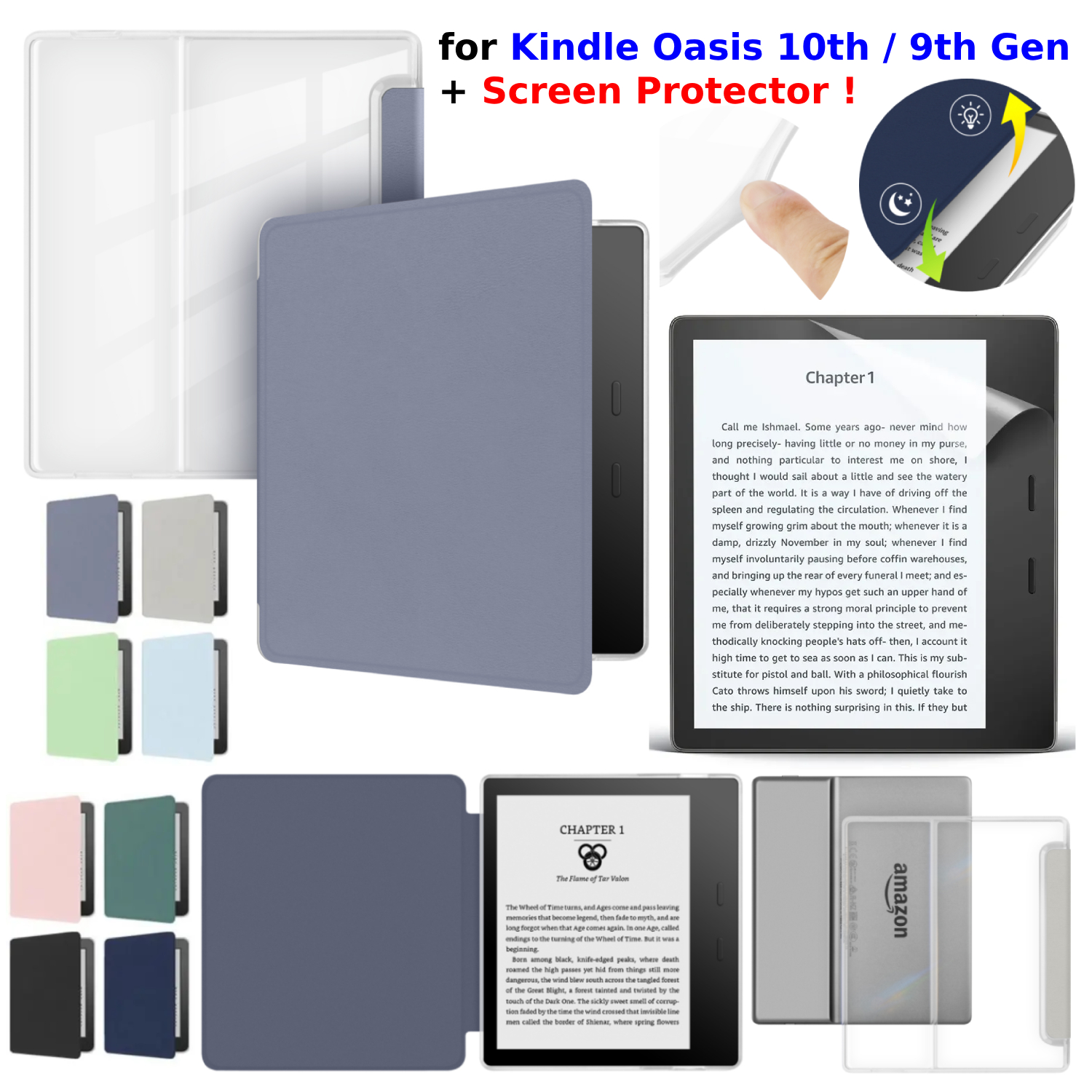 Etui na Kindle Oasis 10. generacji i 9. generacji + Osłona ekranu - Pokrowiec z funkcją uśpienia/budzenia ze skóry PU i przezroczysta obudowa z akrylu, 7 cali, etui ochronne na Oasis 3 i 2