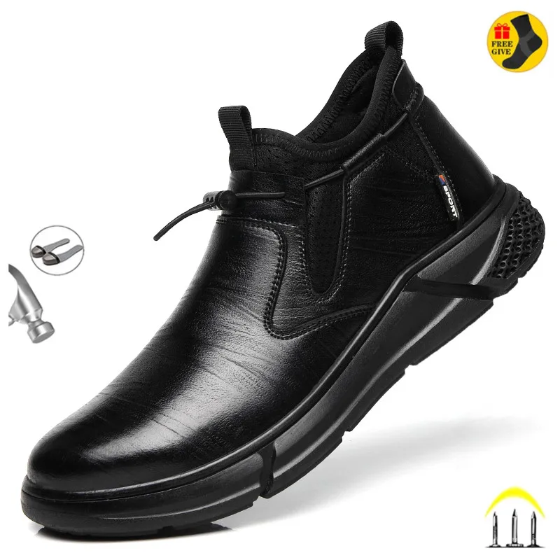 Scarpe da lavoro antinfortunistiche impermeabili in pelle nera per uomo Stivali da ufficio con punta in acciaio Scarpe da costruzione indistruttibili Calzature da uomo