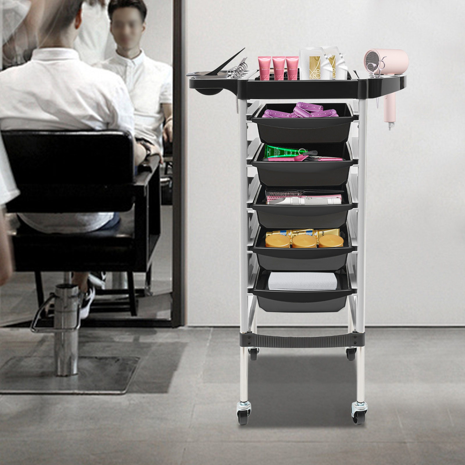 Opvouwbare kapperswagen met 5 laden voor kappers Kappers Schoonheidssalon Wit voor stylist Kapper