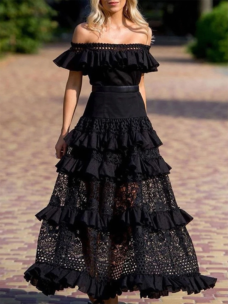Robe de soirée longue noire à volants monochromes, robe d'été élégante, dentelle de fibre, creux, fête, sexy