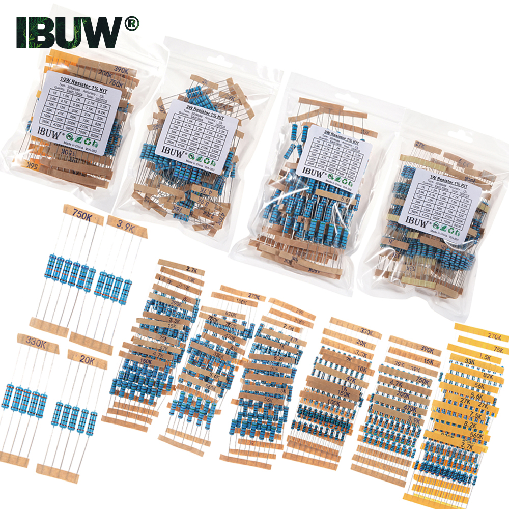 1/4W 1/2W 1W 2W 3W Juego de resistencias 1% Kit surtido de resistencias de película metálica 1K~820K 0.1R~750R 10K