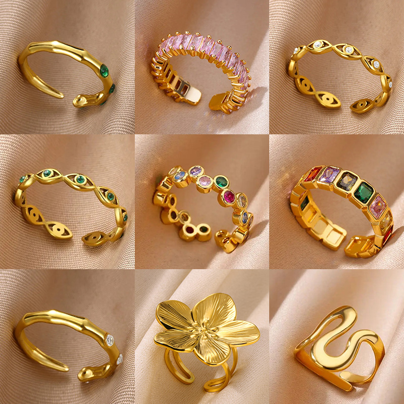 Anelli rotondi arcobaleno con zirconi per donna Anello in acciaio inossidabile color oro con malocchio Coppia bling Regalo di gioielli estetici impermeabili