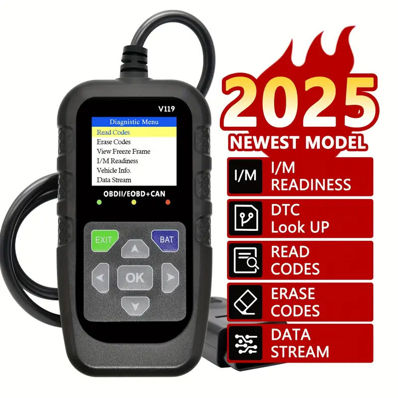 V119 OBD2 スキャナー: 電圧テストと USB 電源を備えた車診断ツール、EOBD/CAN OBD2 車両のコードを読み取り/クリア
