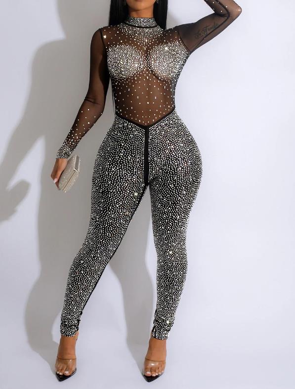 Monos sexis de fiesta para mujer, mono con pantalones de manga larga a la moda con diamantes de malla lisa, ropa para discoteca, monos para mujer, ropa de calle 2024