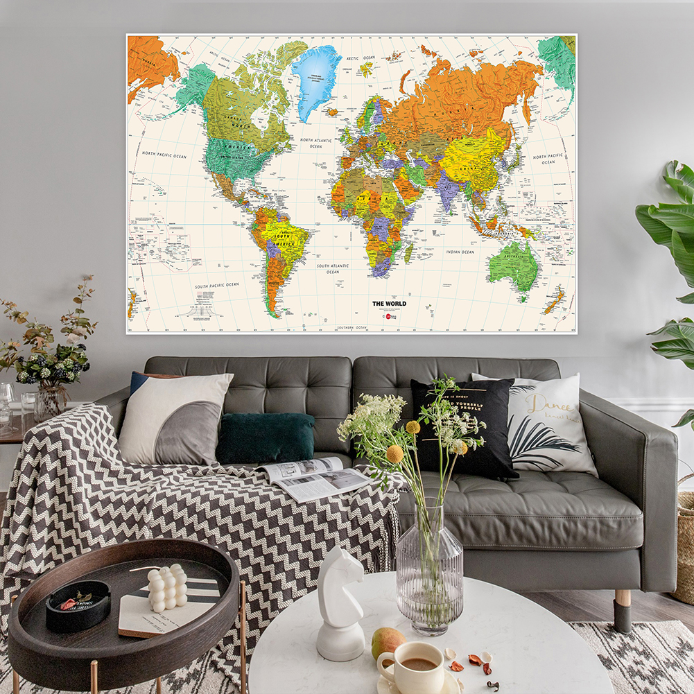 150x225cm Unframe The World Map Physical Map Waterproof Foldable Map Without National Flag for Travel and Trip