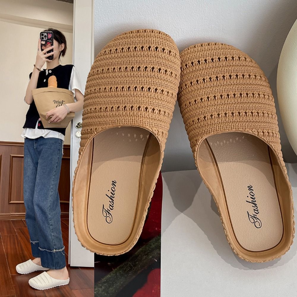 Sandal Setengah Baotou yang Dapat Bernapas, Ringan, Berongga, Anti-Selip, Cocok untuk Semua Gaya, Alas Datar, untuk Musim Panas
