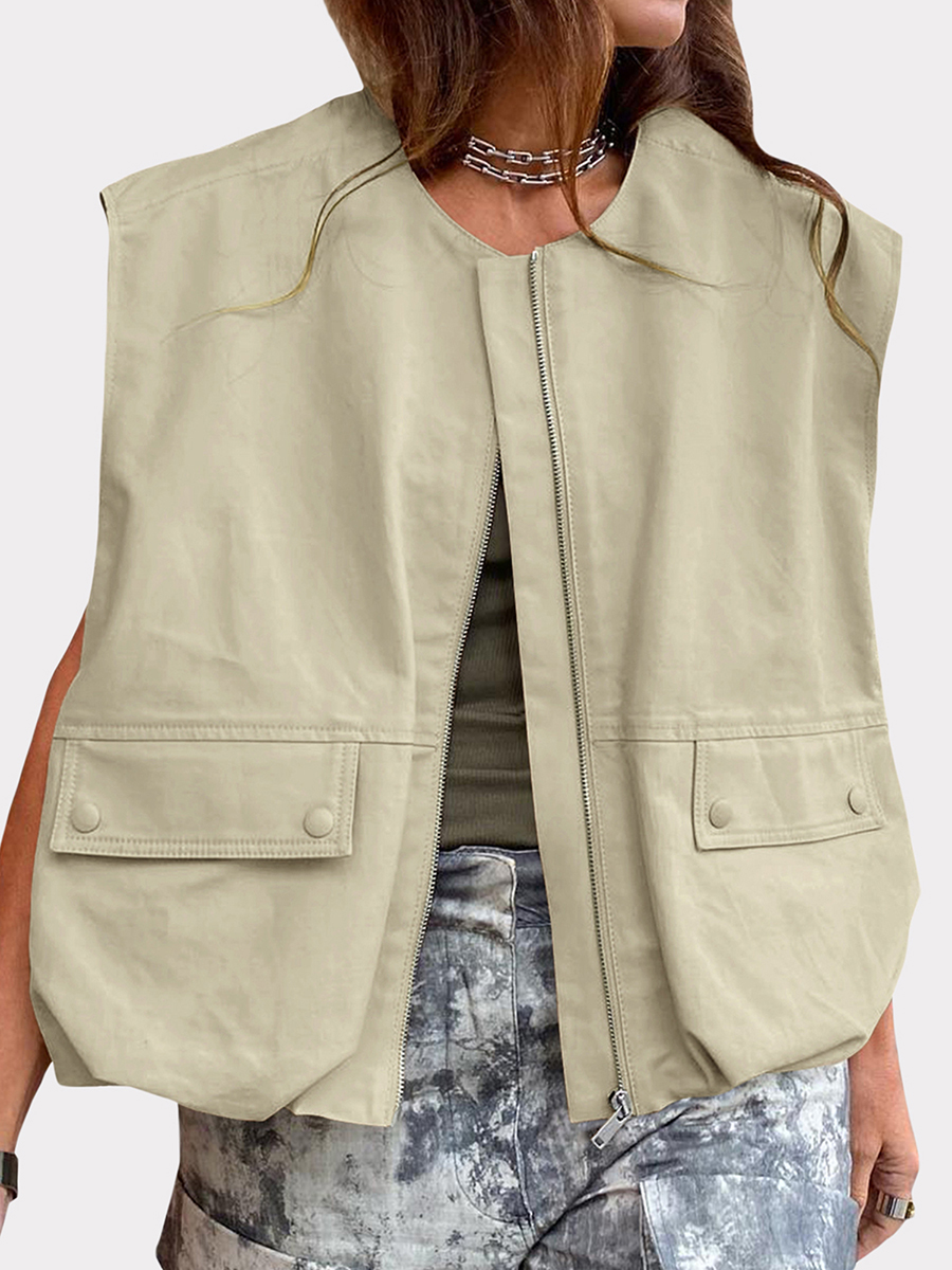 Dames Vest Met Ritssluiting Modieus Jack Mouwloos Effen Kleur Oversized Jas Tops Losse Pasvorm Zomer Tops